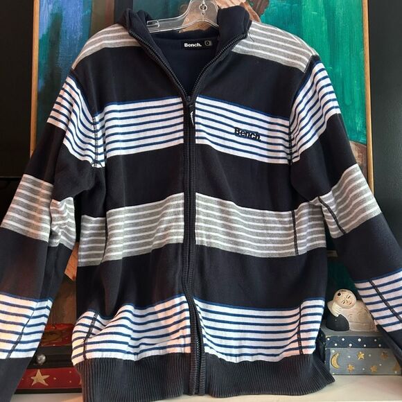 Bench Men's Blue and Gray Striped Zip-Up Fleece Lined Sweater Size XL - Picture 2 of 16